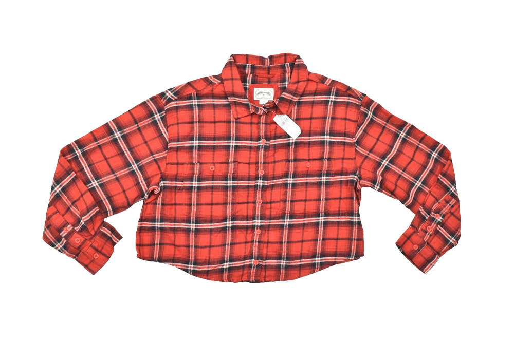 American Eagle Women's Size Large Red Plaid Flannel Cropped Button Down Shirt NW
